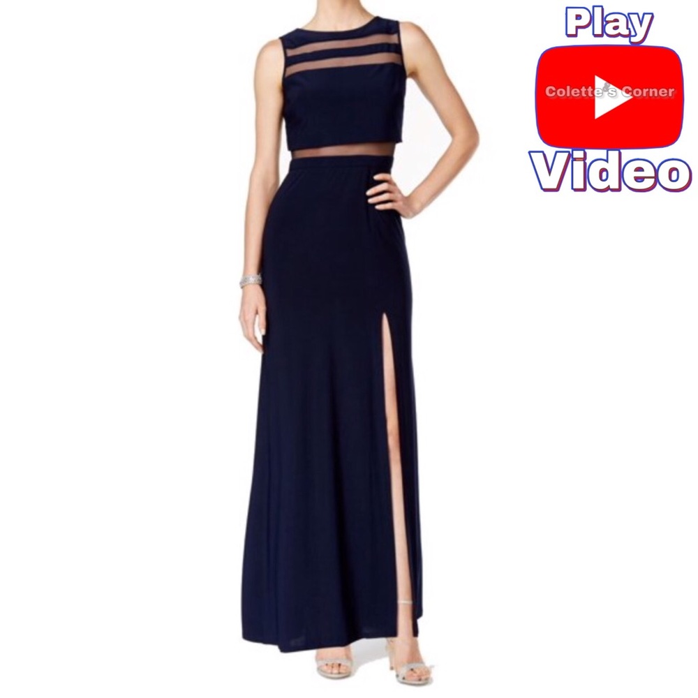 Nightway Dark Blue Stripe Sheer Illusion Panel, Bear Midriff,  Side Slit, Gown